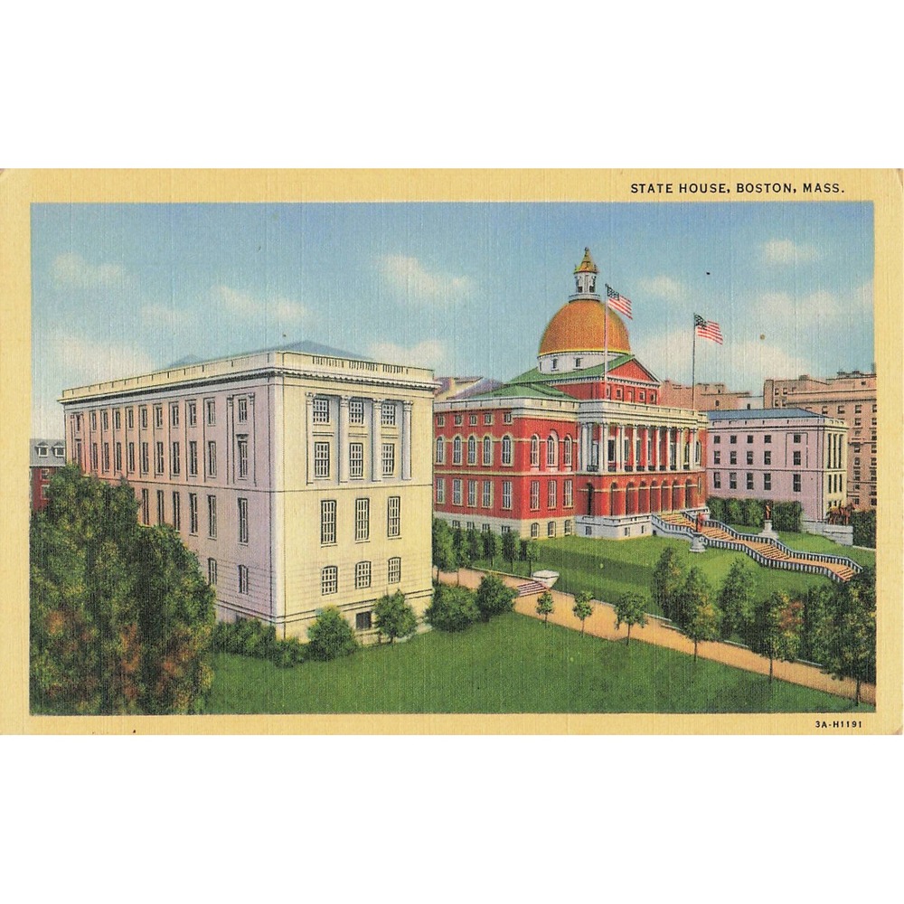VTG 1942 Boston State House Linen Postcard WWII Soldier Beacon Hill Albion Maine